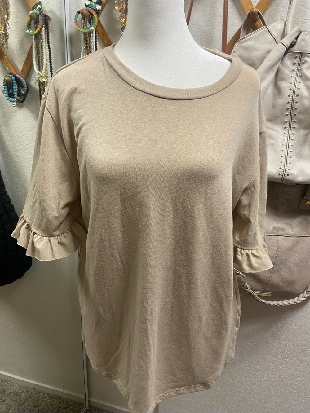 Women's Ruffle Short Sleeve Tshirt - Beige. Large